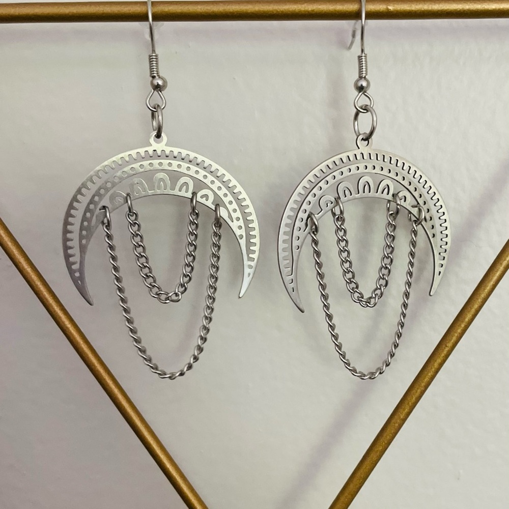 Handmade Silver Crescent Earrings with Chain Details